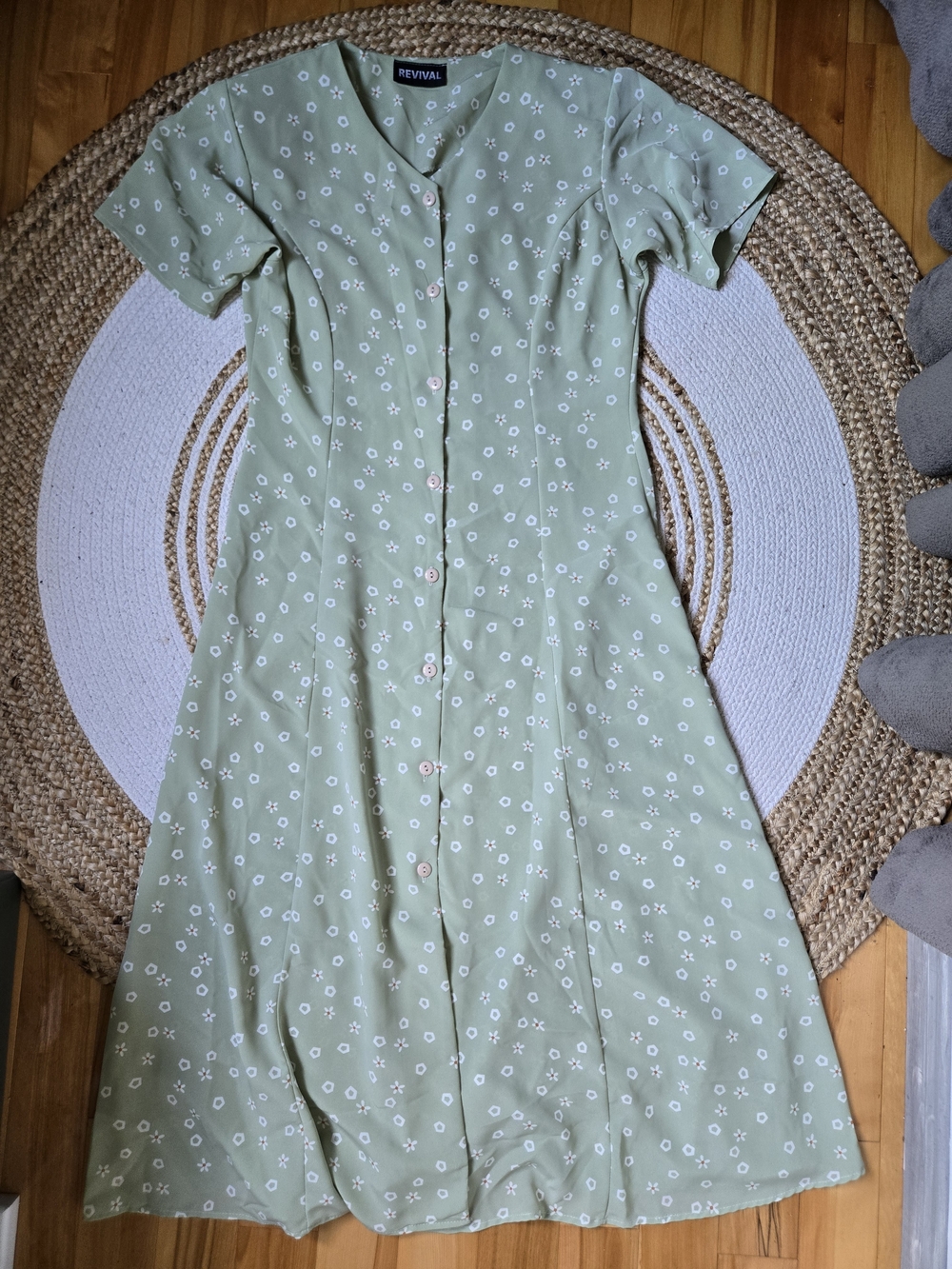 Revival Sage Green Floral Button-Front Midi Dress Cottagecore Casual Romantic L